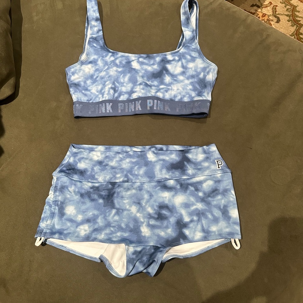 Victoria's Secret Blue Tie-Dye Sports Bra and Shorts Set